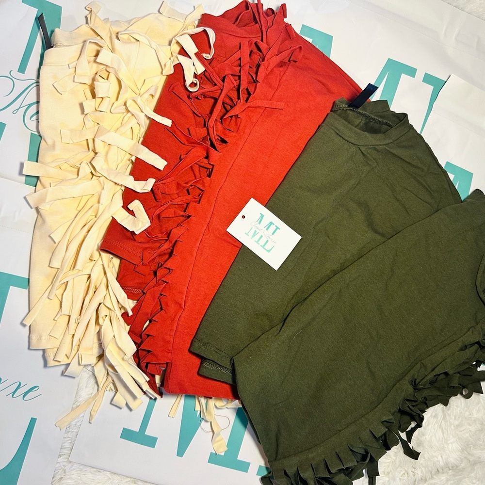 Women’s Fringe crop top sets burgundy,Green & cream